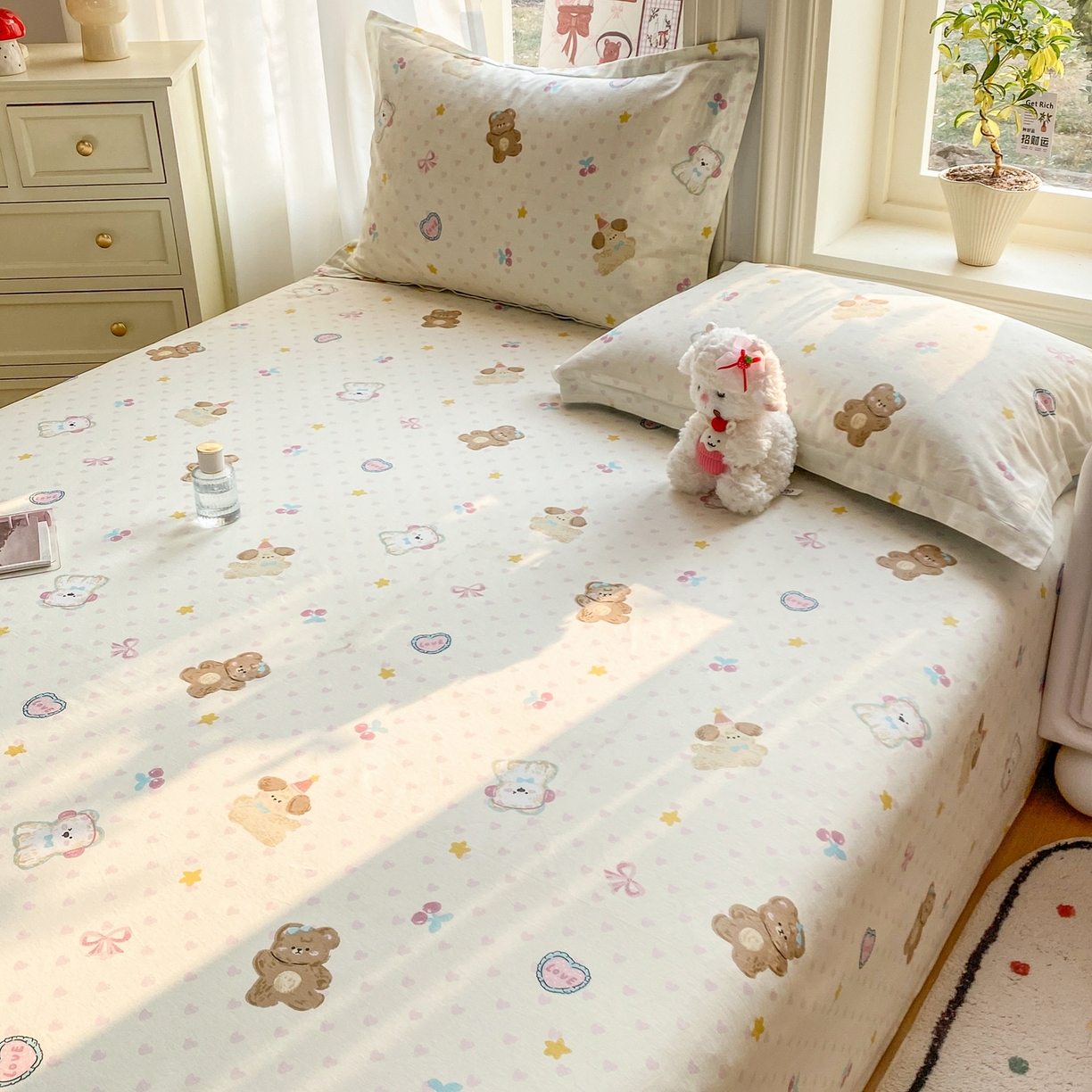 91家纺网 家纺一手货源 找家纺 花梦欣 2026新款全棉印花单品系列3简约卡通款-单床单 芋泥小狗