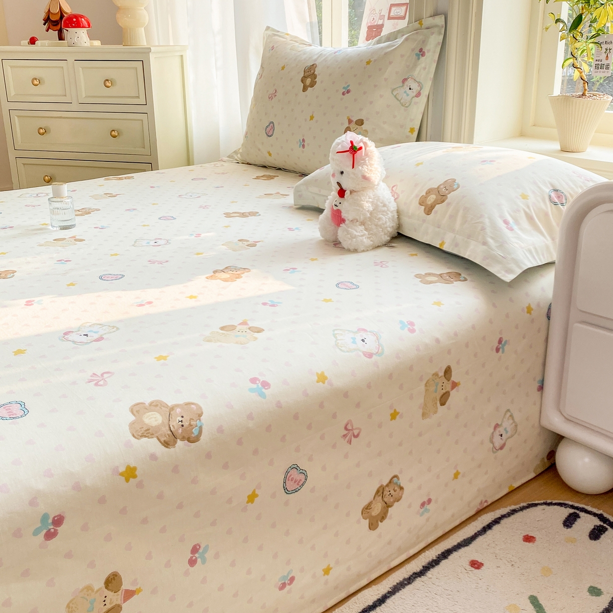 91家纺网 家纺一手货源 找家纺 花梦欣 2026新款全棉印花单品系列3简约卡通款-单床单 芋泥小狗