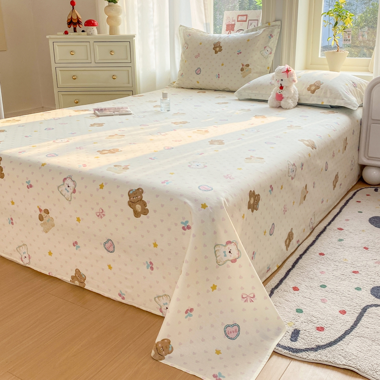 91家纺网 家纺一手货源 找家纺 花梦欣 2026新款全棉印花单品系列3简约卡通款-单床单 芋泥小狗