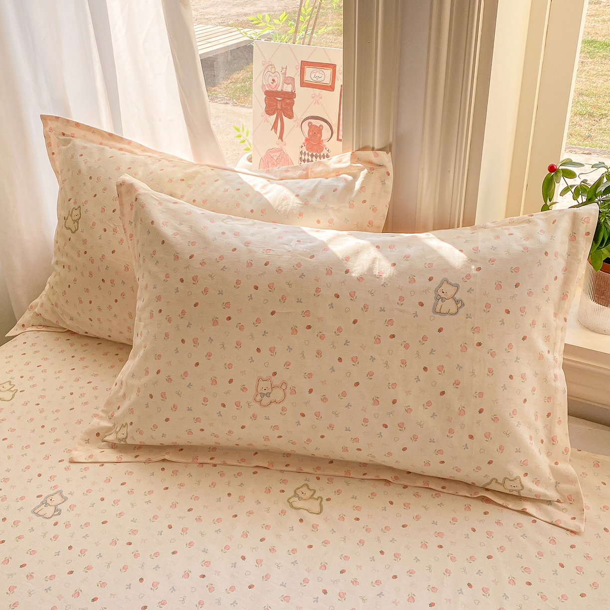 91家纺网 家纺一手货源 找家纺 花梦欣 2026新款全棉印花单品系列2花卉款-单枕套 玫瑰小狗