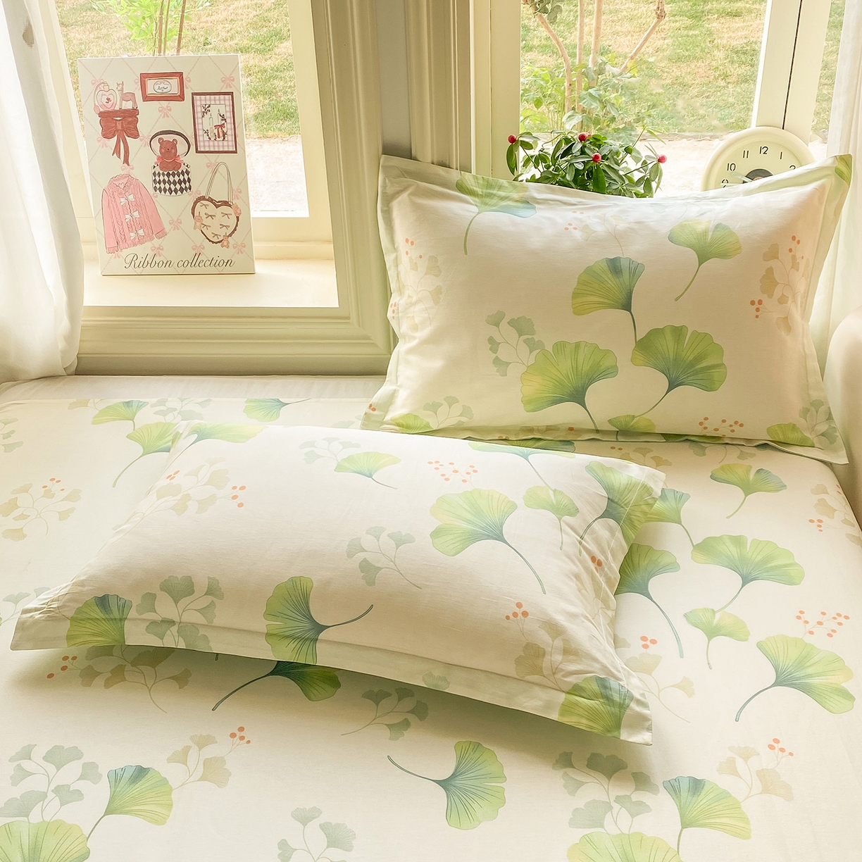 91家纺网 家纺一手货源 找家纺 花梦欣 2026新款全棉印花单品系列2花卉款-单枕套 青绿银杏