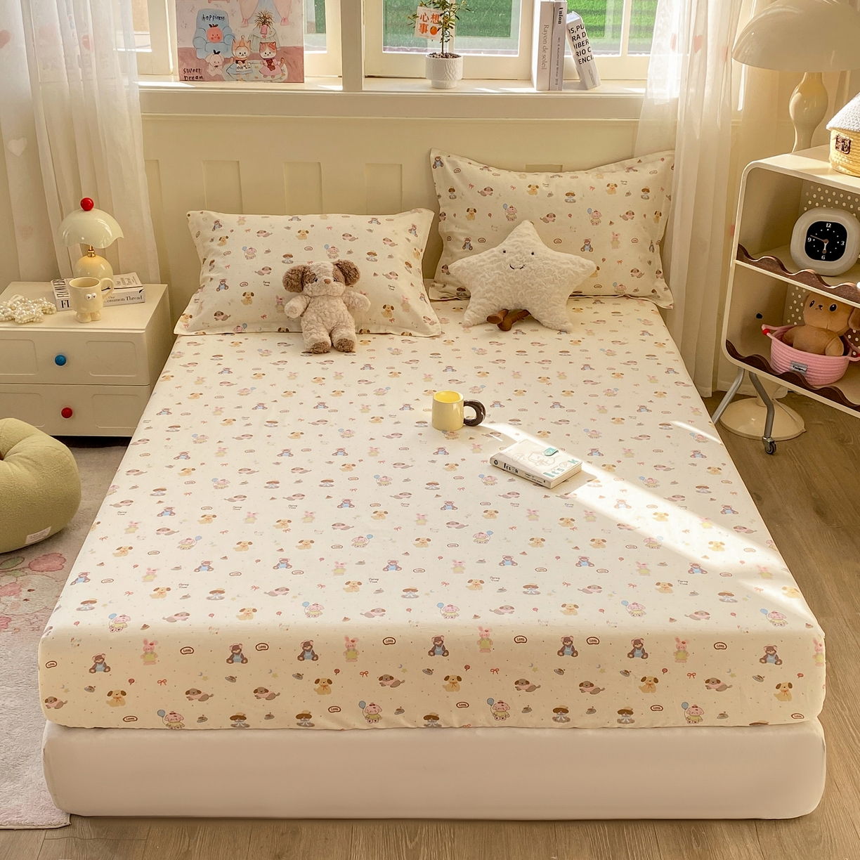 91家纺网 家纺一手货源 找家纺 花梦欣 2026新款全棉印花单品系列3简约卡通款-单床笠 韩系小萌物