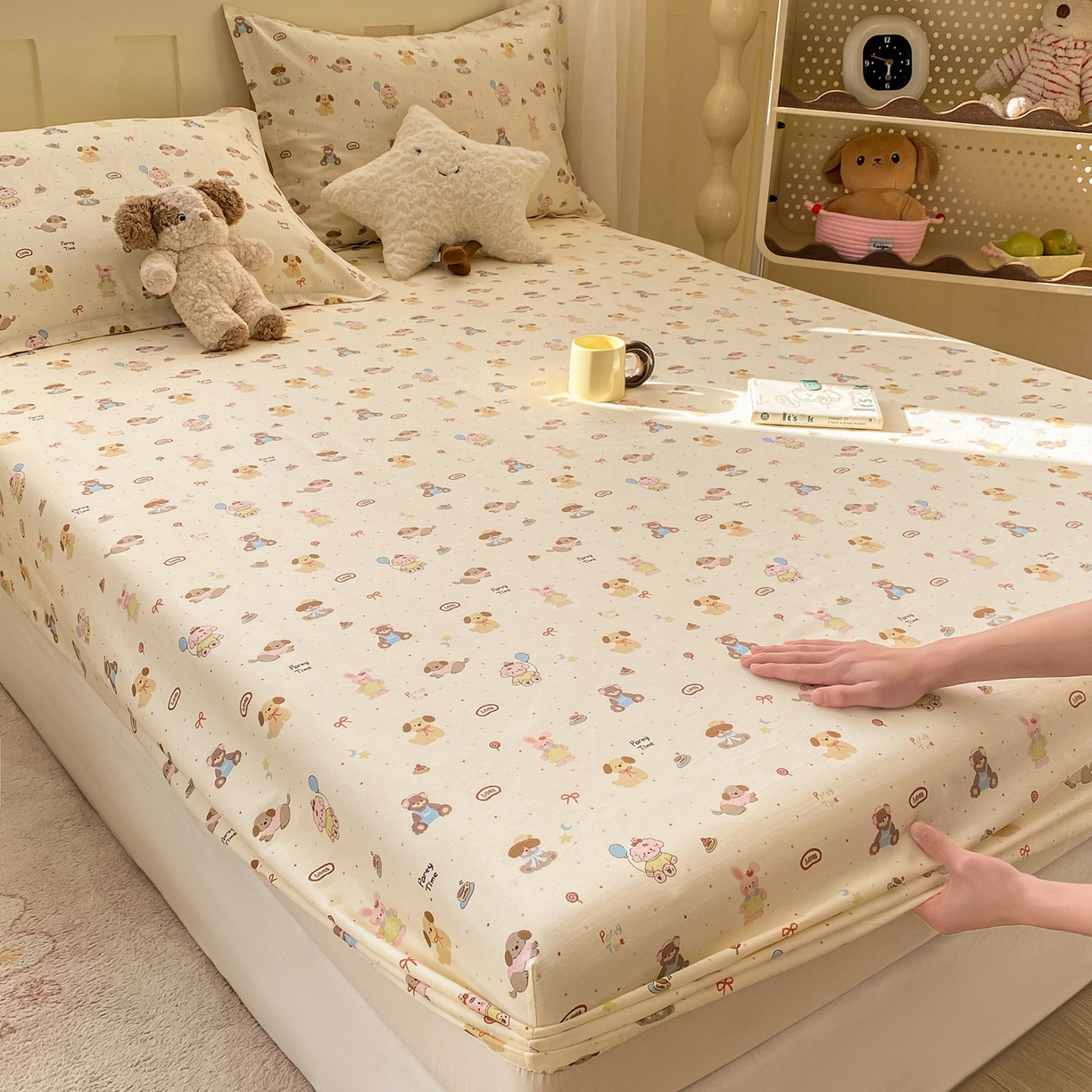 91家纺网 家纺一手货源 找家纺 花梦欣 2026新款全棉印花单品系列3简约卡通款-单床笠 韩系小萌物