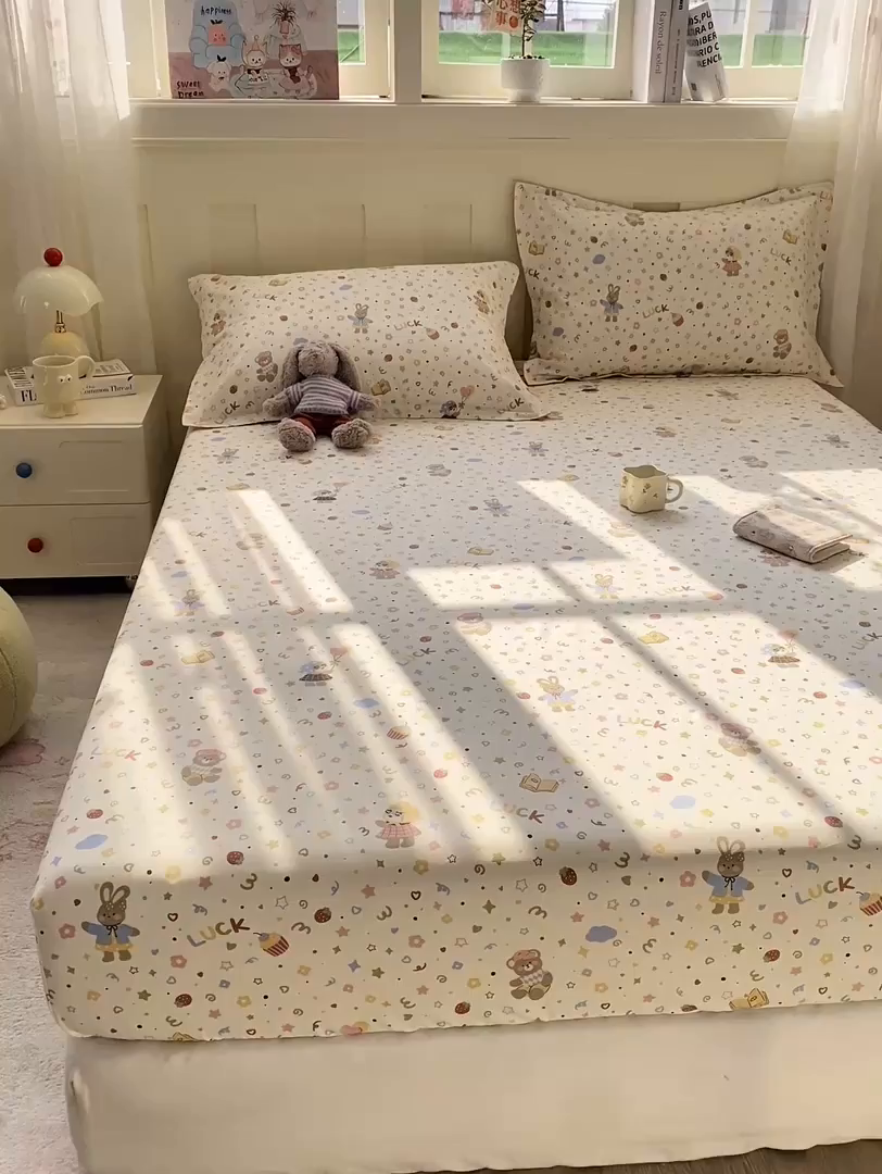 91家纺网 家纺一手货源 找家纺 花梦欣 2026新款全棉印花单品系列3简约卡通款-单床笠 韩系小萌物