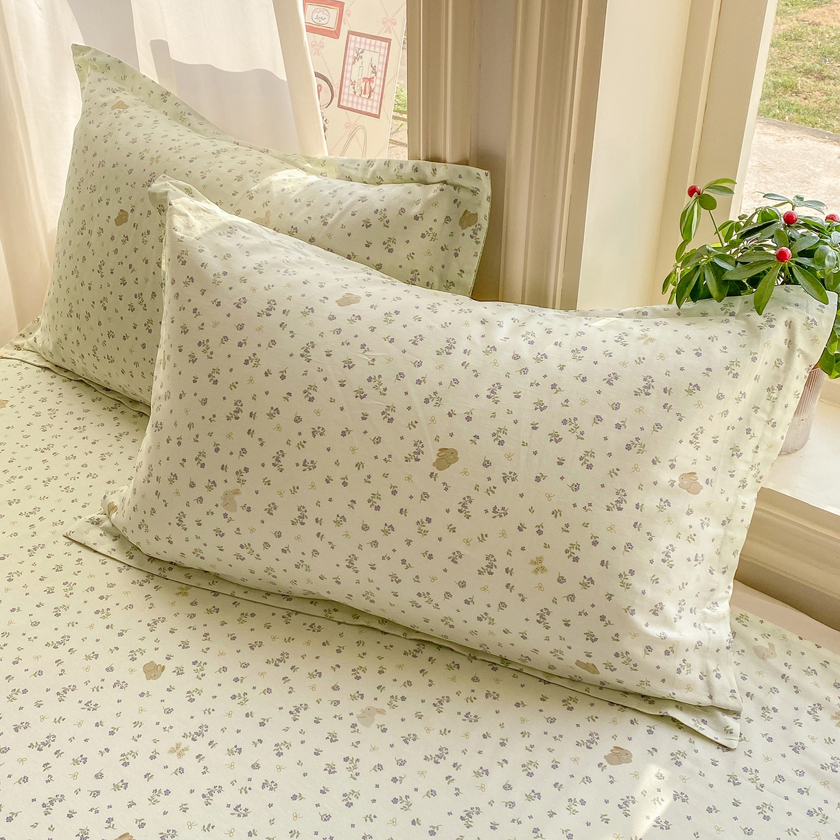 91家纺网 家纺一手货源 找家纺 花梦欣 2026新款全棉印花单品系列2花卉款-单枕套 微花耳耳蓝