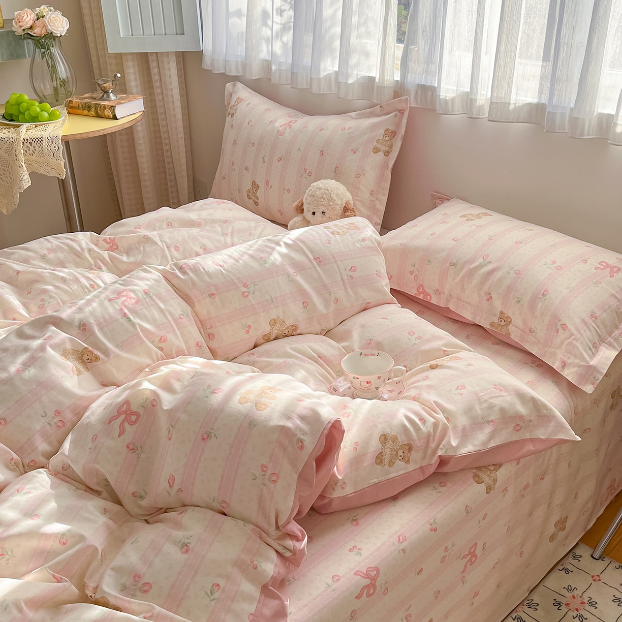 91家纺网 家纺一手货源 找家纺 花梦欣 2026新款全棉印花单品系列2花卉款-单枕套 温柔花朵熊