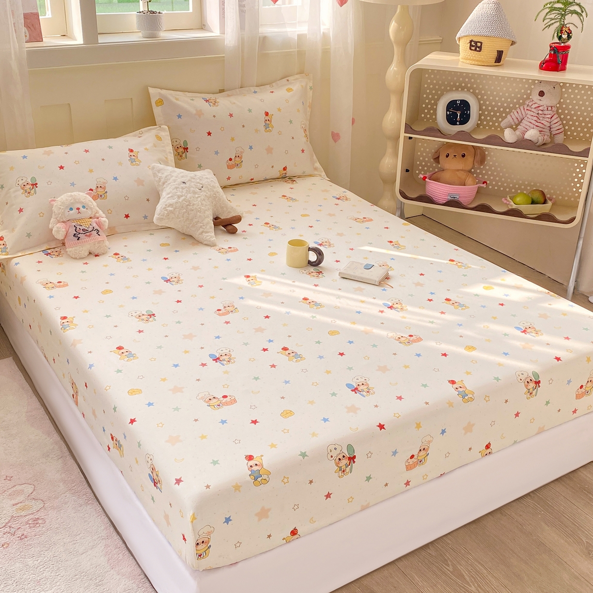 91家纺网 家纺一手货源 找家纺 花梦欣 2026新款全棉印花单品系列3简约卡通款-单床笠 快乐小星