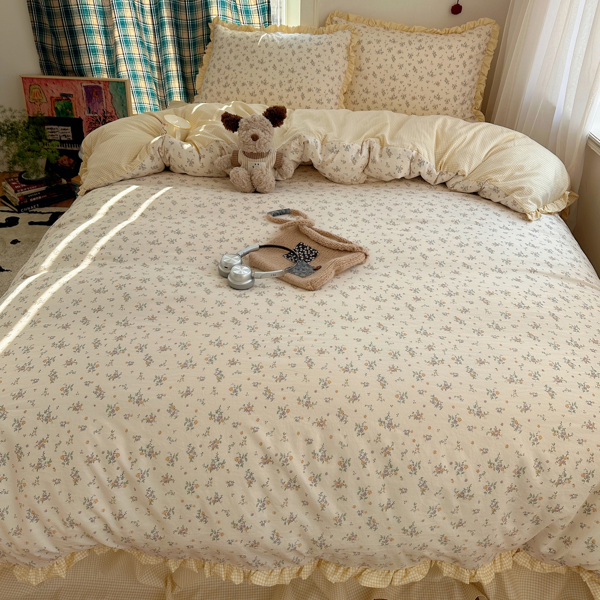 91家纺网 家纺一手货源 找家纺 （总）轻奢坊 2026新款云感仿棉水洗棉褶皱短花边四件套