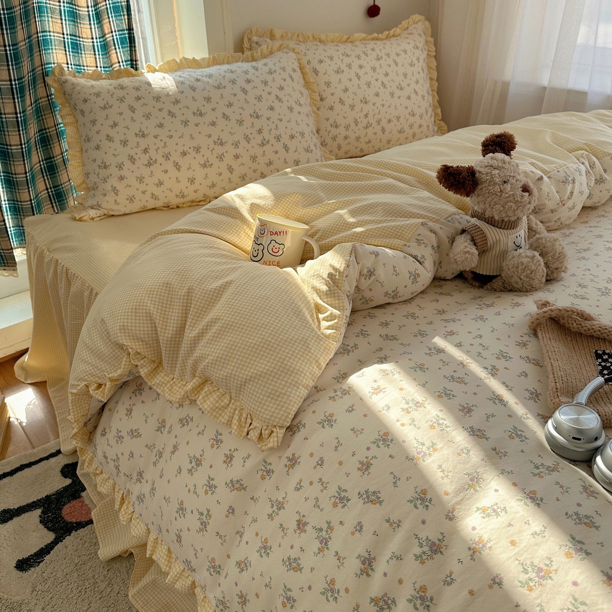 91家纺网 家纺一手货源 找家纺 （总）轻奢坊 2026新款云感仿棉水洗棉褶皱短花边四件套