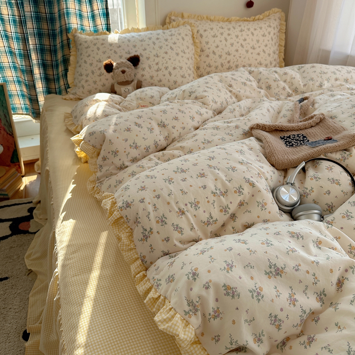 91家纺网 家纺一手货源 找家纺 （总）轻奢坊 2026新款云感仿棉水洗棉褶皱短花边四件套