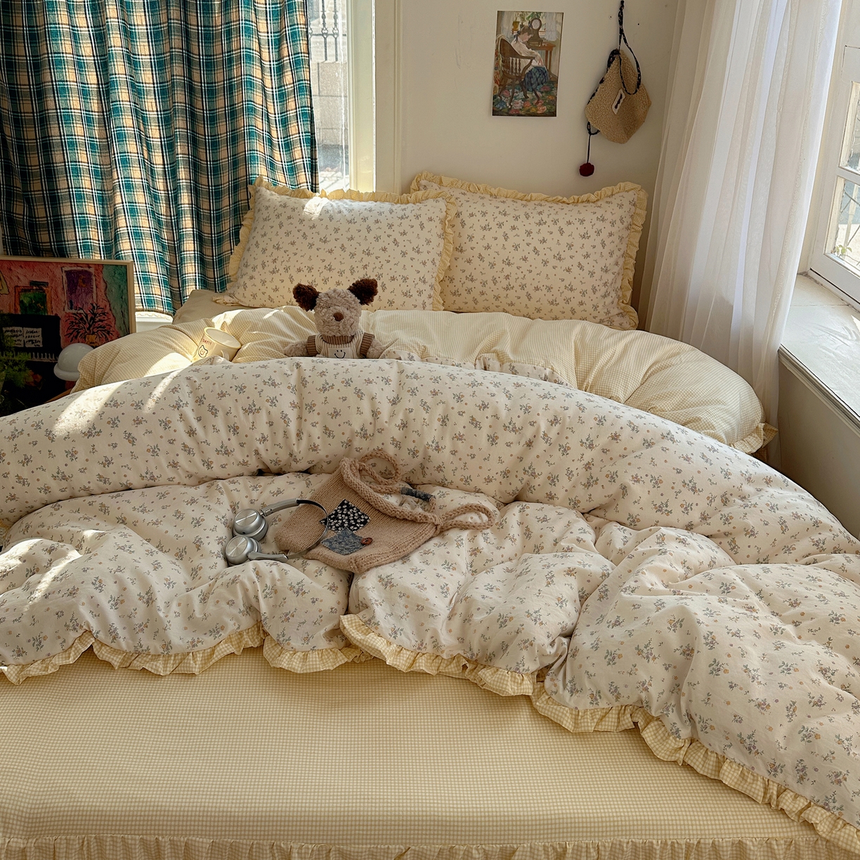 91家纺网 家纺一手货源 找家纺 （总）轻奢坊 2026新款云感仿棉水洗棉褶皱短花边四件套