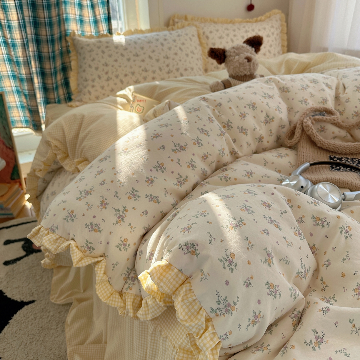 91家纺网 家纺一手货源 找家纺 （总）轻奢坊 2026新款云感仿棉水洗棉褶皱短花边四件套