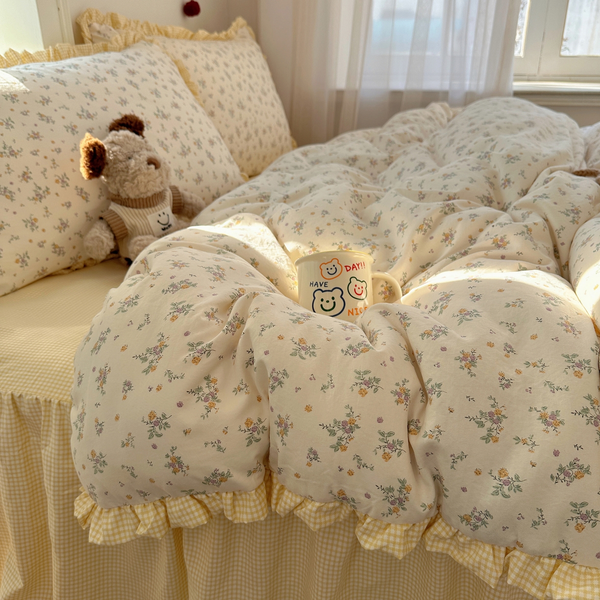 91家纺网 家纺一手货源 找家纺 （总）轻奢坊 2026新款云感仿棉水洗棉褶皱短花边四件套