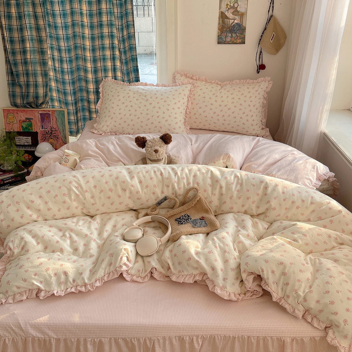 91家纺网 家纺一手货源 找家纺 轻奢坊 2026新款云感仿棉水洗棉褶皱短花边四件套 花花格粉