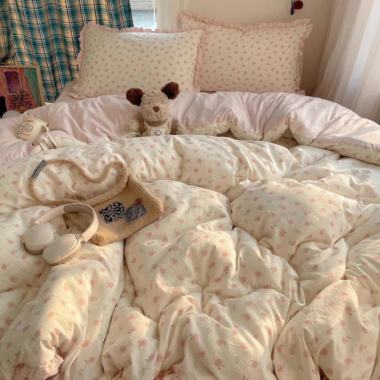 91家纺网 家纺一手货源 找家纺 轻奢坊 2026新款云感仿棉水洗棉褶皱短花边四件套 花花格粉