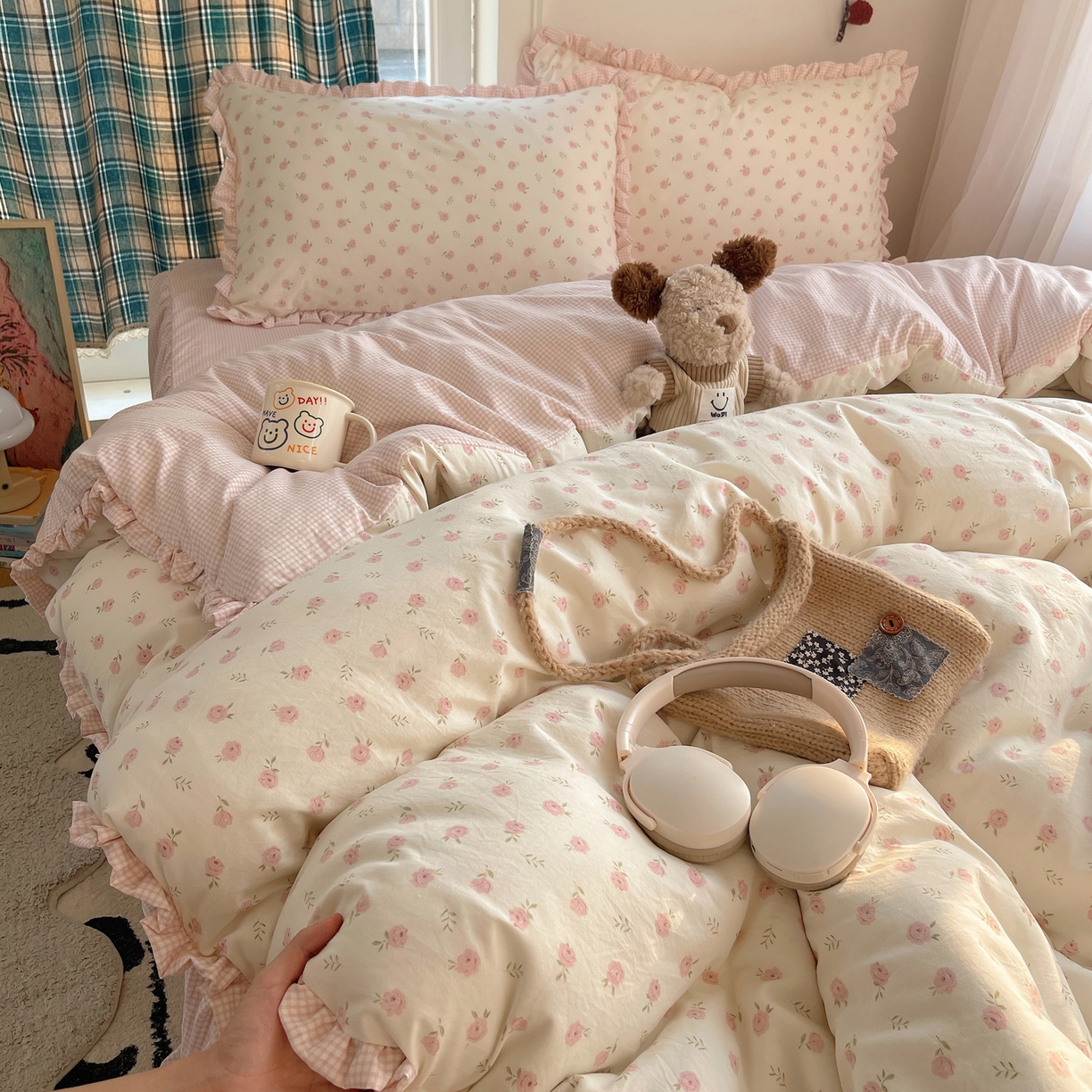 轻奢坊 2026新款云感仿棉水洗棉褶皱短花边四件套 花花格粉