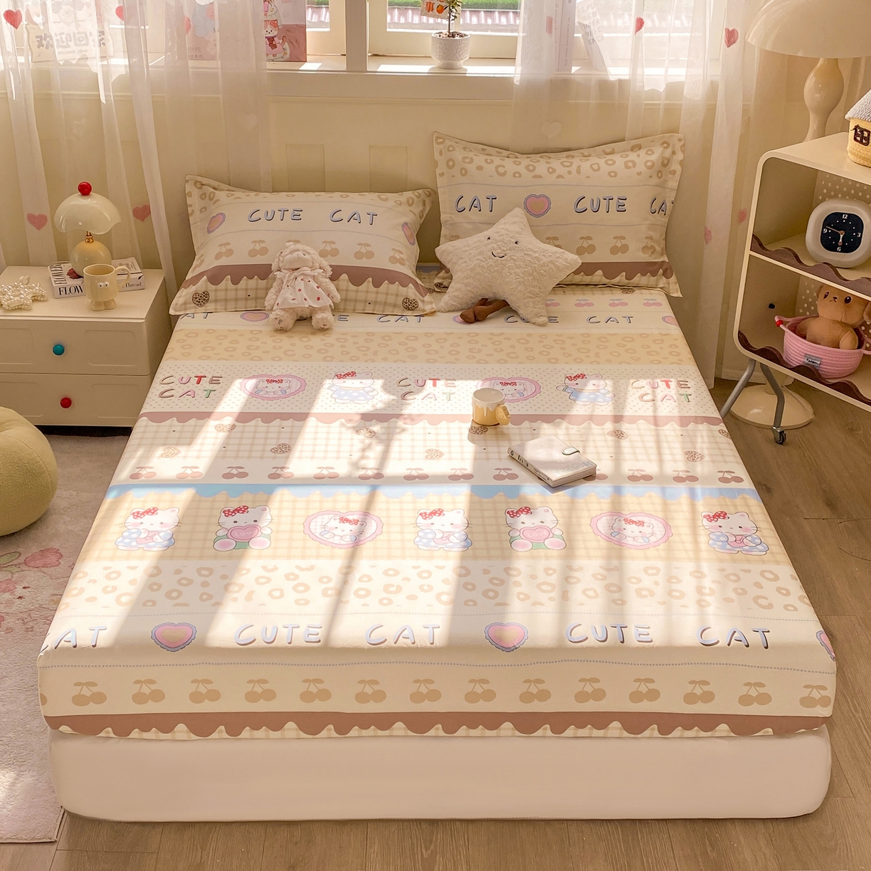 91家纺网 家纺一手货源 找家纺 花梦欣 2026新款全棉印花单品系列3简约卡通款-单床笠 萌萌凯蒂