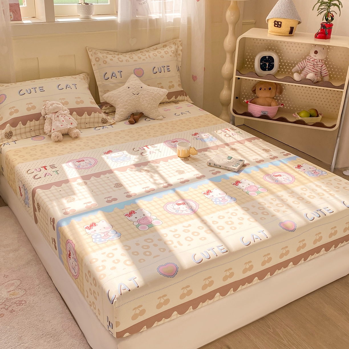 91家纺网 家纺一手货源 找家纺 花梦欣 2026新款全棉印花单品系列3简约卡通款-单床笠 萌萌凯蒂