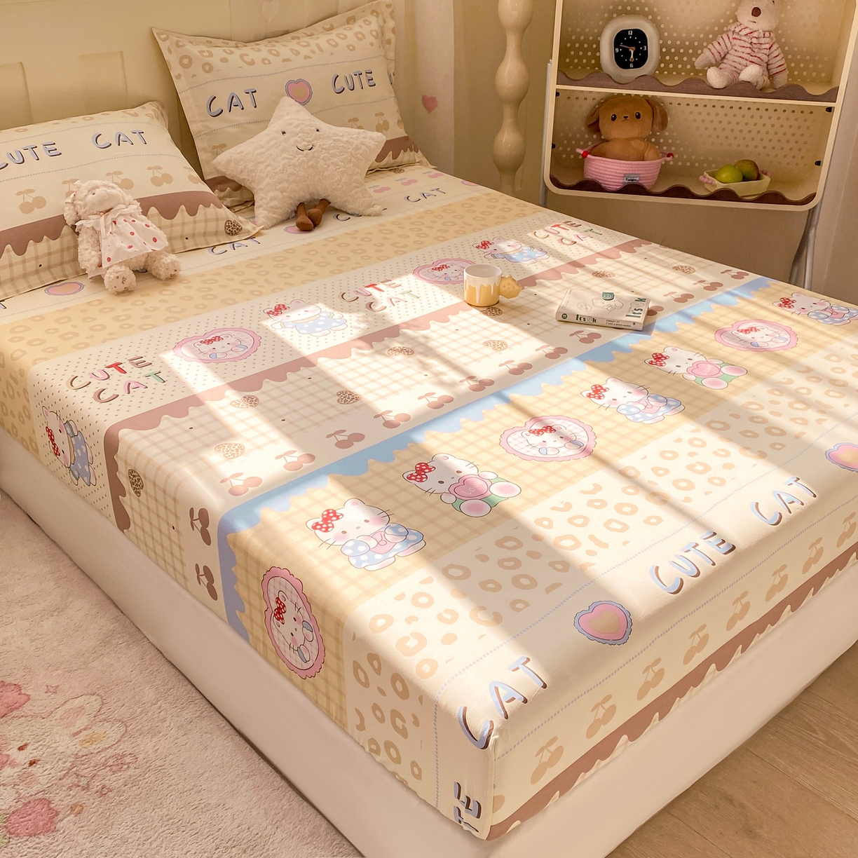 91家纺网 家纺一手货源 找家纺 花梦欣 2026新款全棉印花单品系列3简约卡通款-单床笠 萌萌凯蒂