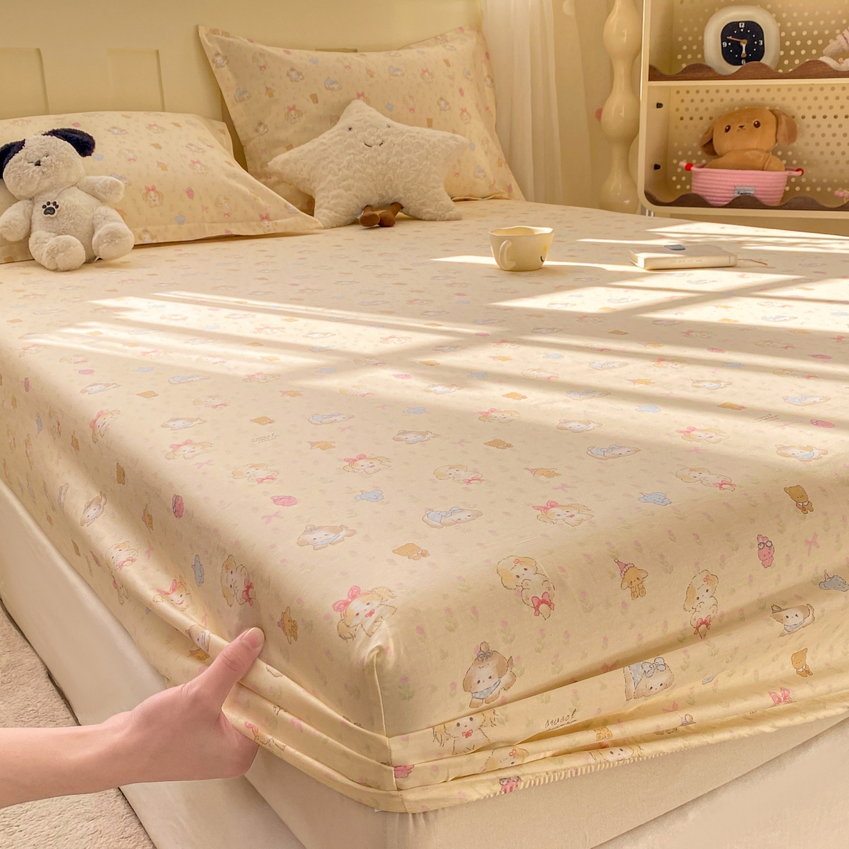 91家纺网 家纺一手货源 找家纺 花梦欣 2026新款全棉印花单品系列3简约卡通款-单床笠 萌趣汪汪