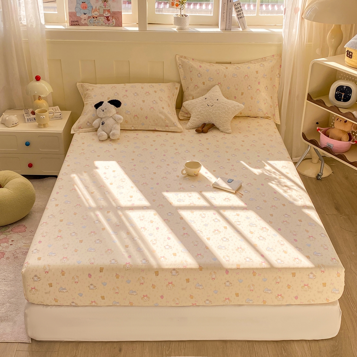 91家纺网 家纺一手货源 找家纺 花梦欣 2026新款全棉印花单品系列3简约卡通款-单床笠 萌趣汪汪