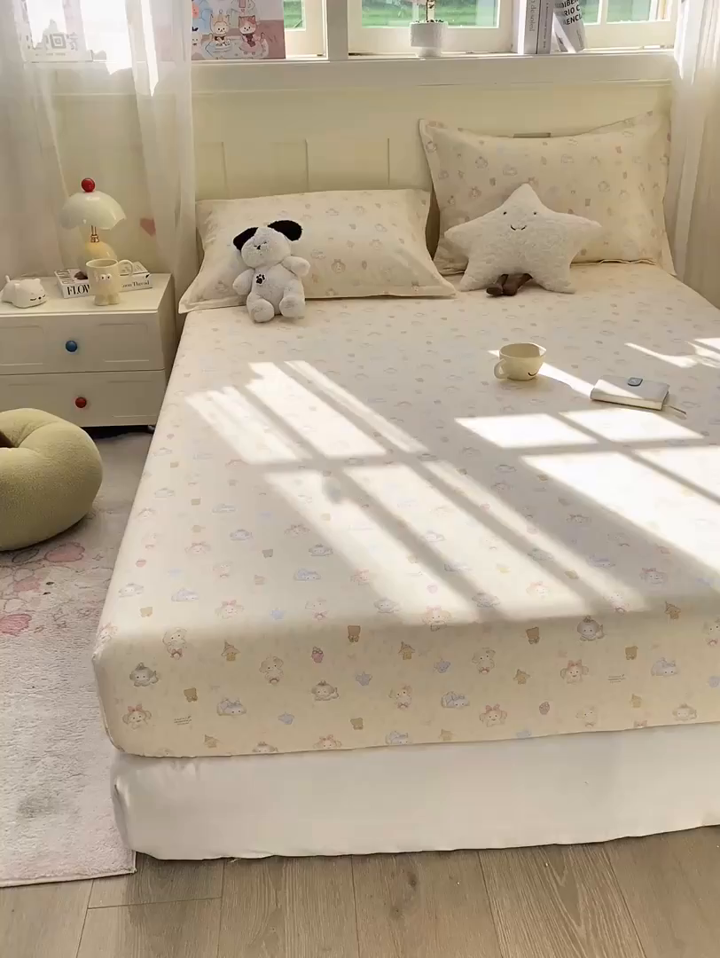91家纺网 家纺一手货源 找家纺 花梦欣 2026新款全棉印花单品系列3简约卡通款-单床笠 萌趣汪汪