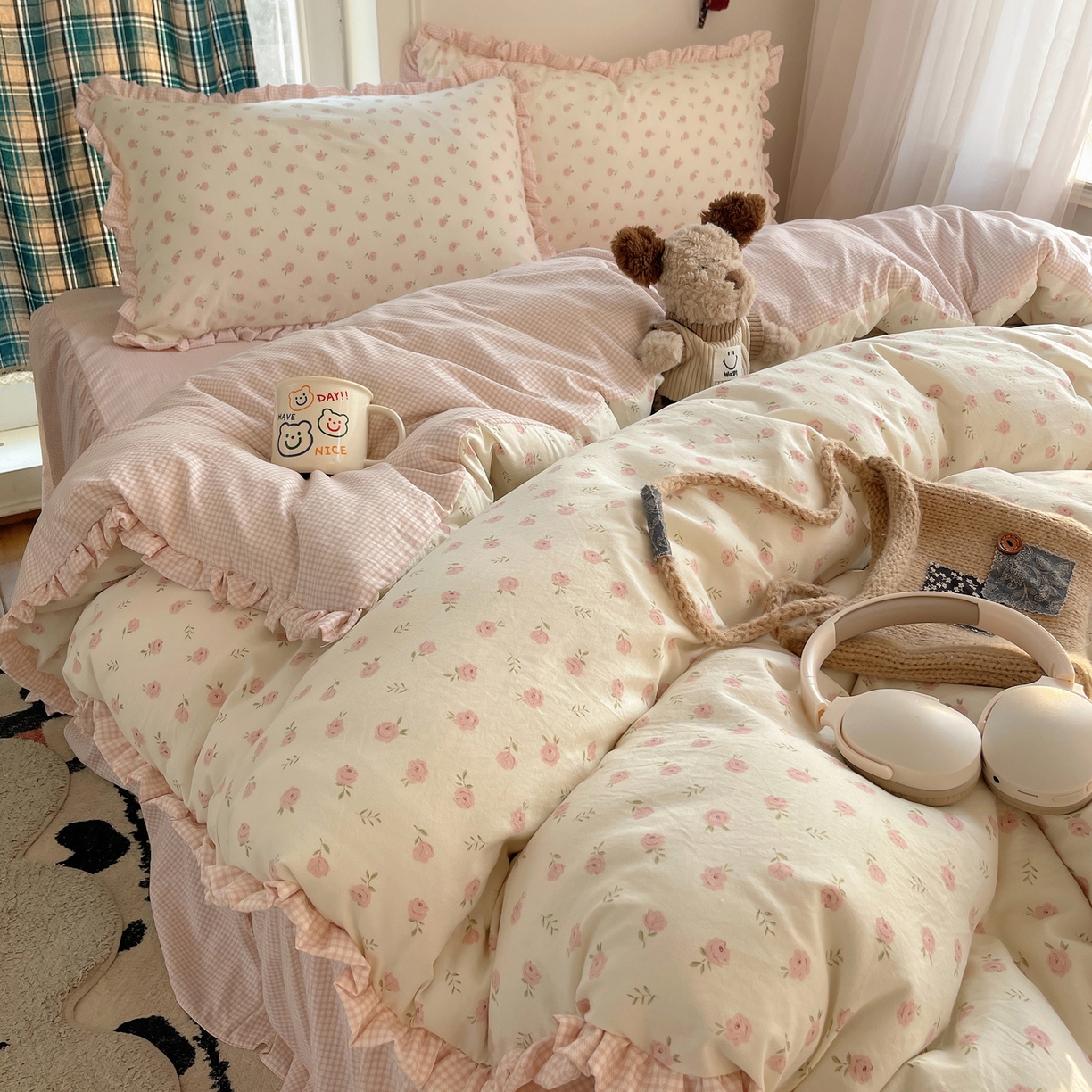 91家纺网 家纺一手货源 找家纺 （总）轻奢坊 2026新款云感仿棉水洗棉褶皱短花边四件套