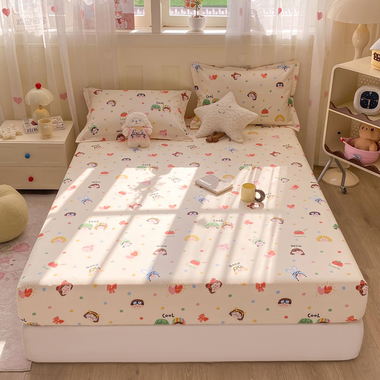 91家纺网 家纺一手货源 找家纺 花梦欣 2026新款全棉印花单品系列3简约卡通款-单床笠 趣味涂鸦