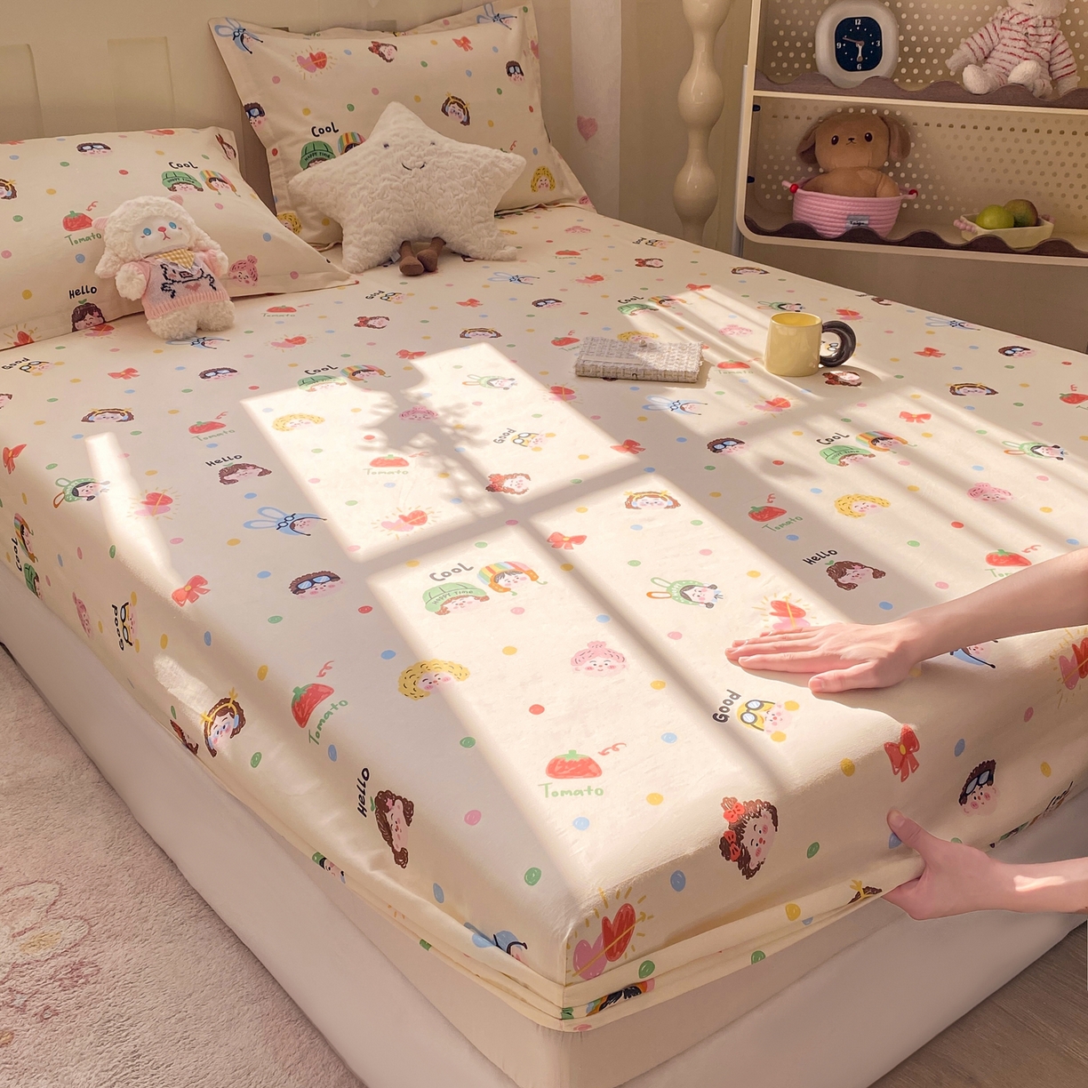 91家纺网 家纺一手货源 找家纺 花梦欣 2026新款全棉印花单品系列3简约卡通款-单床笠 趣味涂鸦