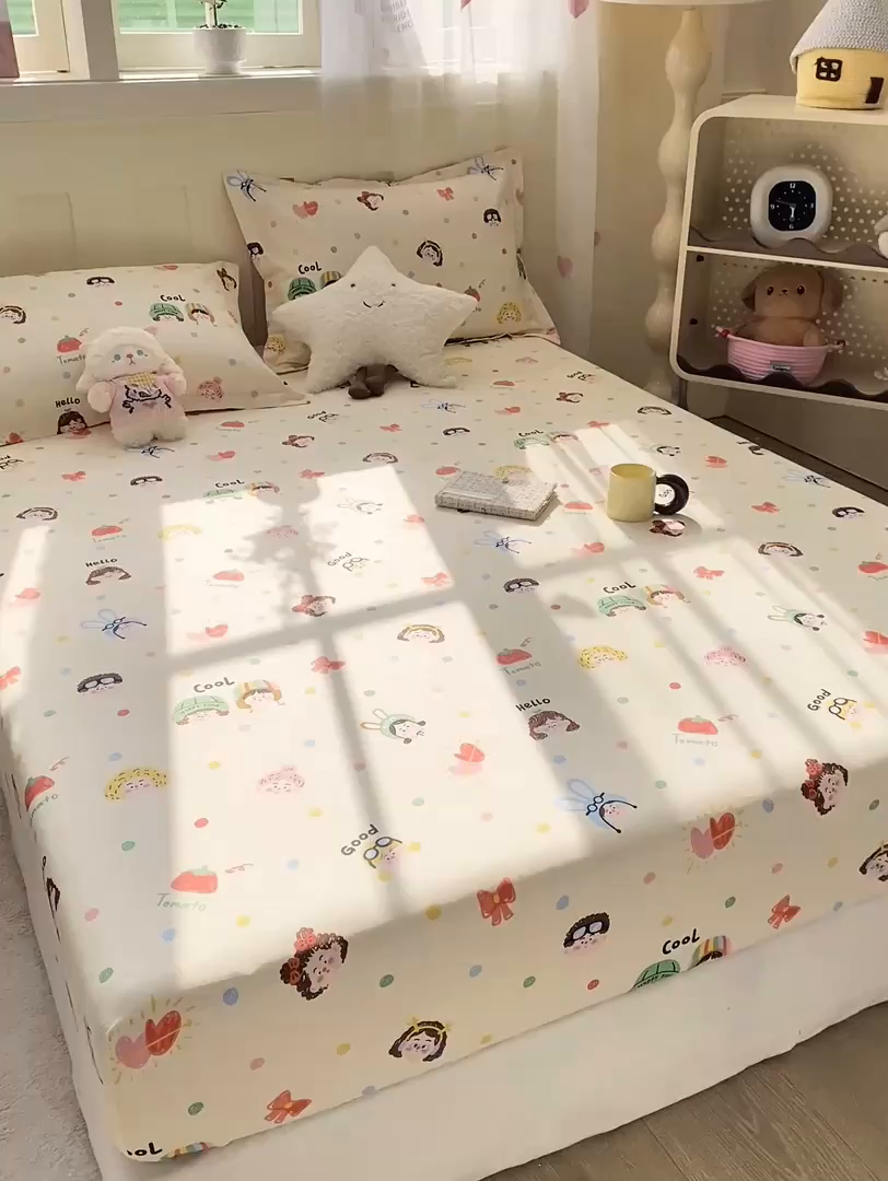 91家纺网 家纺一手货源 找家纺 花梦欣 2026新款全棉印花单品系列3简约卡通款-单床笠 趣味涂鸦