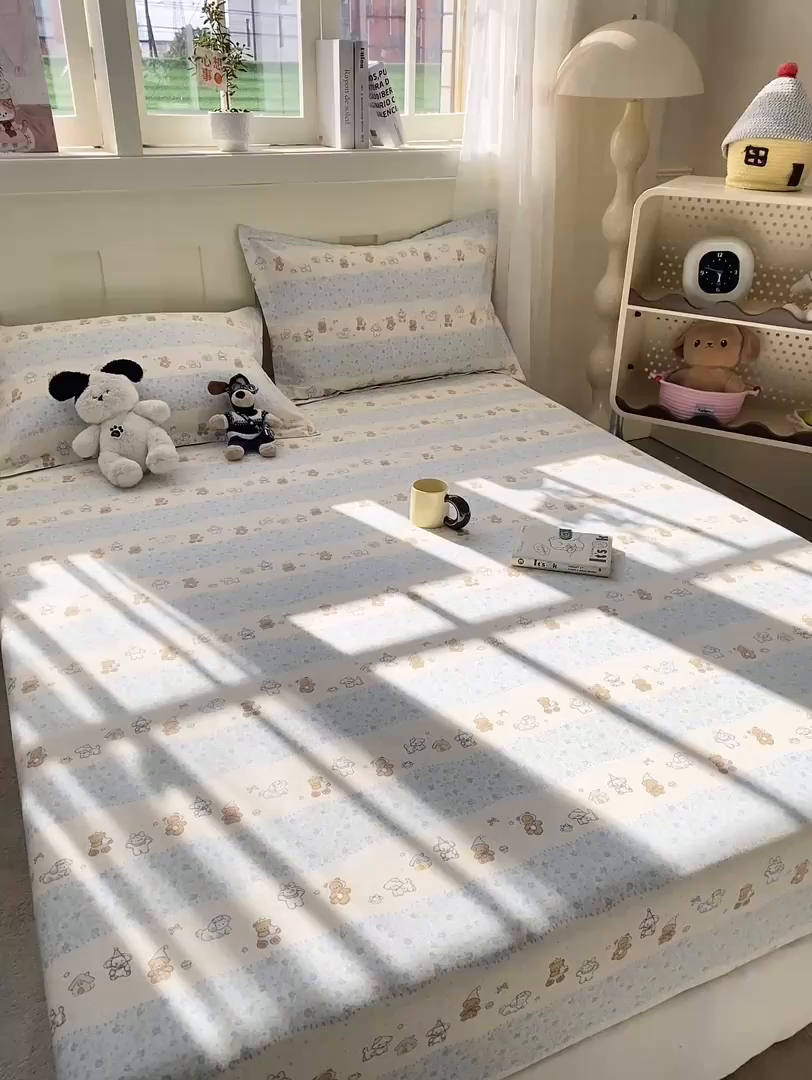 91家纺网 家纺一手货源 找家纺 花梦欣 2026新款全棉印花单品系列3简约卡通款-单床笠 三小只