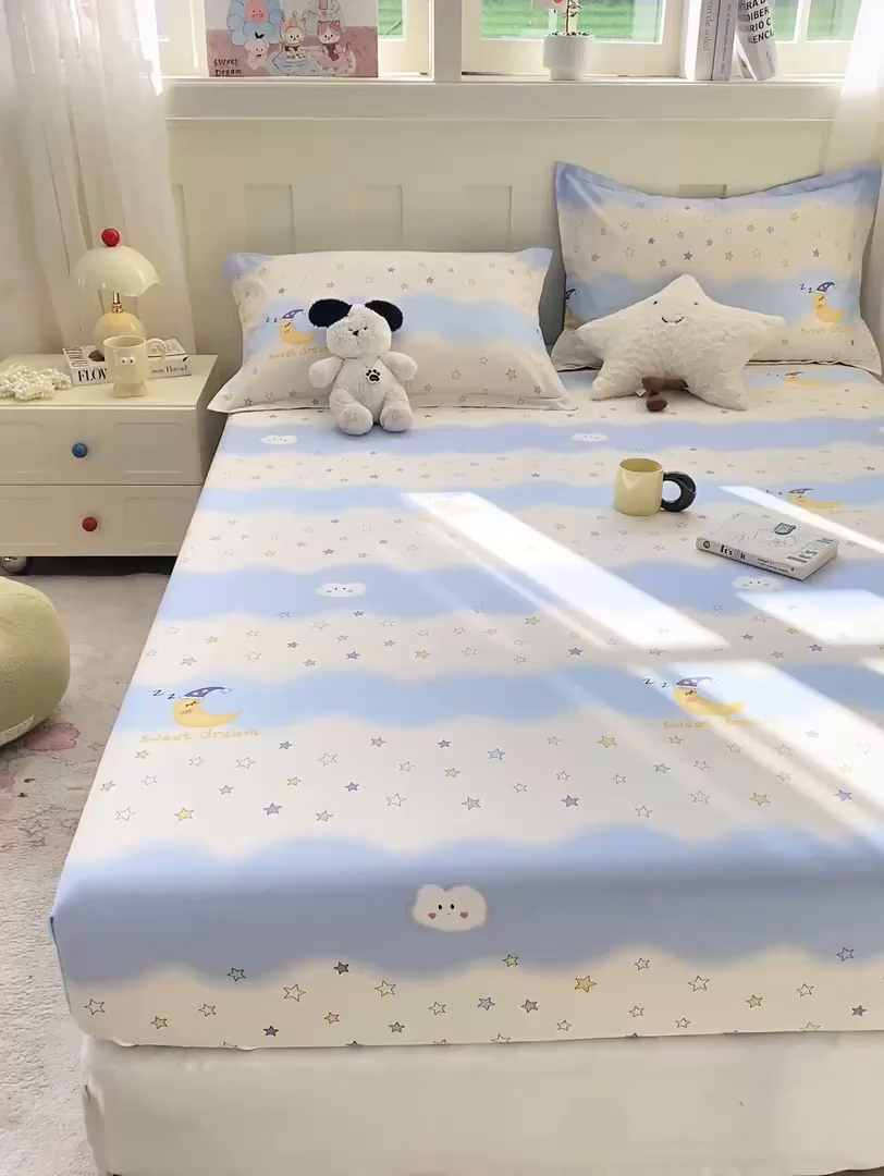 91家纺网 家纺一手货源 找家纺 花梦欣 2026新款全棉印花单品系列3简约卡通款-单床笠 星辰入梦