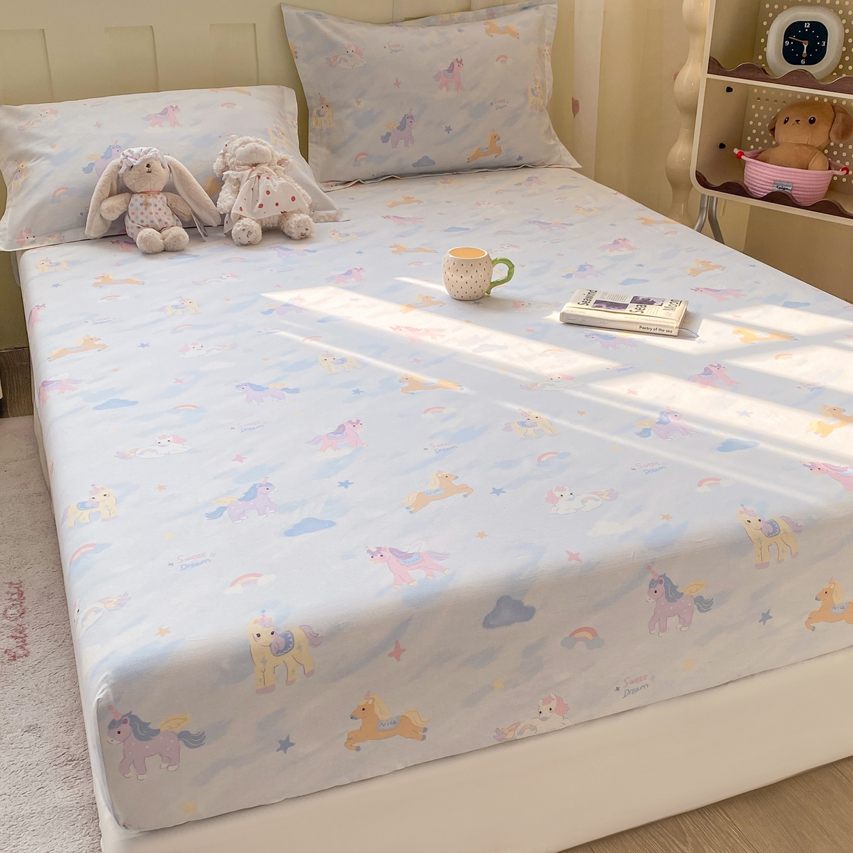 91家纺网 家纺一手货源 找家纺 花梦欣 2026新款全棉印花单品系列3简约卡通款-单床笠 星芒小马