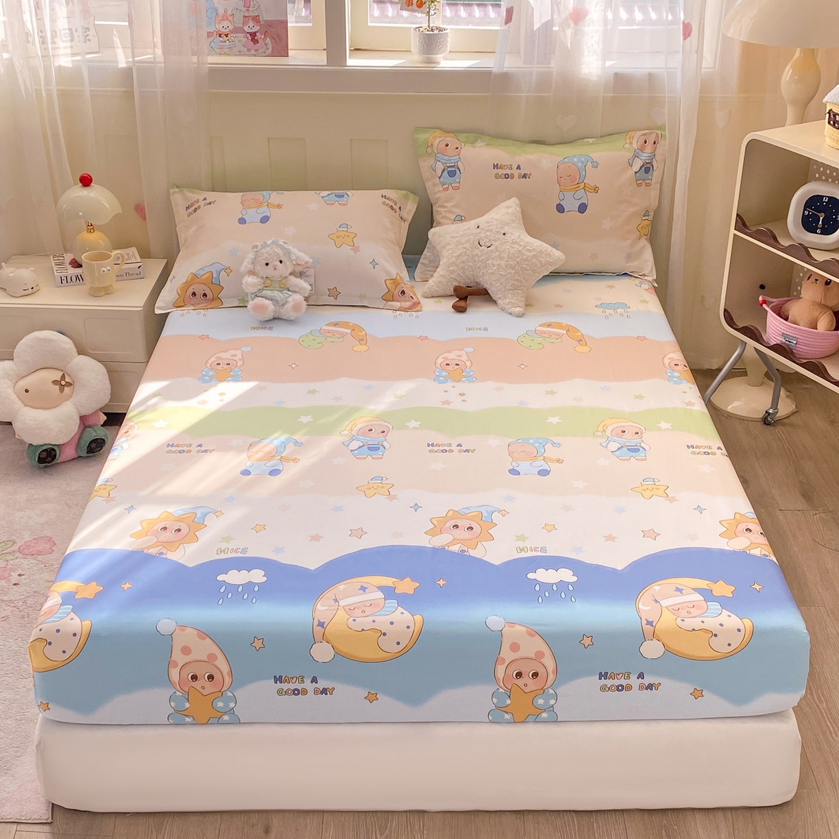 91家纺网 家纺一手货源 找家纺 花梦欣 2026新款全棉印花单品系列3简约卡通款-单床笠 星梦童话