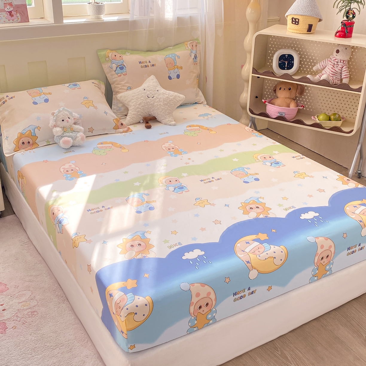 91家纺网 家纺一手货源 找家纺 花梦欣 2026新款全棉印花单品系列3简约卡通款-单床笠 星梦童话