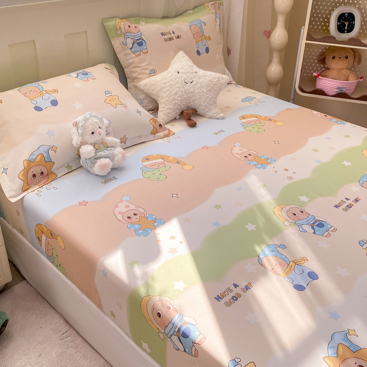 91家纺网 家纺一手货源 找家纺 花梦欣 2026新款全棉印花单品系列3简约卡通款-单床笠 星梦童话