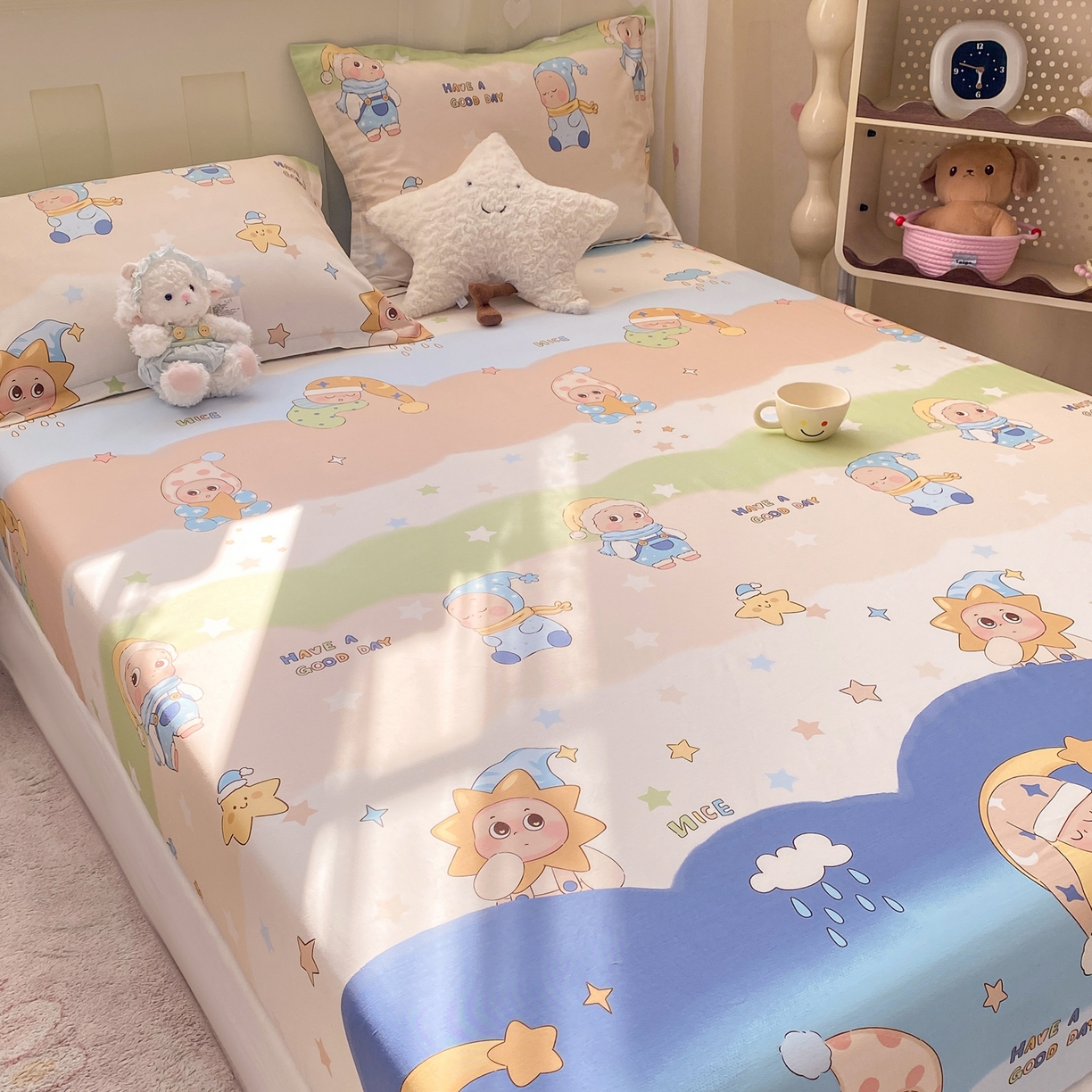 91家纺网 家纺一手货源 找家纺 花梦欣 2026新款全棉印花单品系列3简约卡通款-单床笠 星梦童话