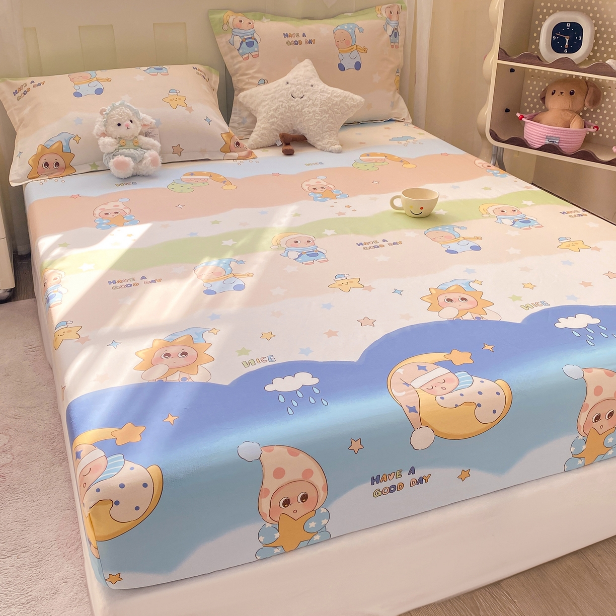 91家纺网 家纺一手货源 找家纺 花梦欣 2026新款全棉印花单品系列3简约卡通款-单床笠 星梦童话