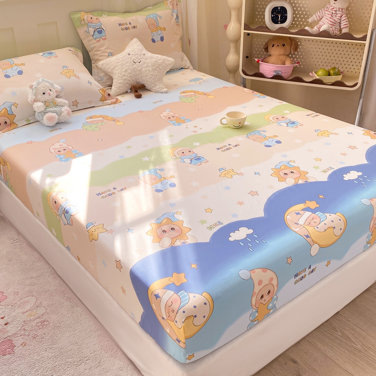 91家纺网 家纺一手货源 找家纺 花梦欣 2026新款全棉印花单品系列3简约卡通款-单床笠 星梦童话