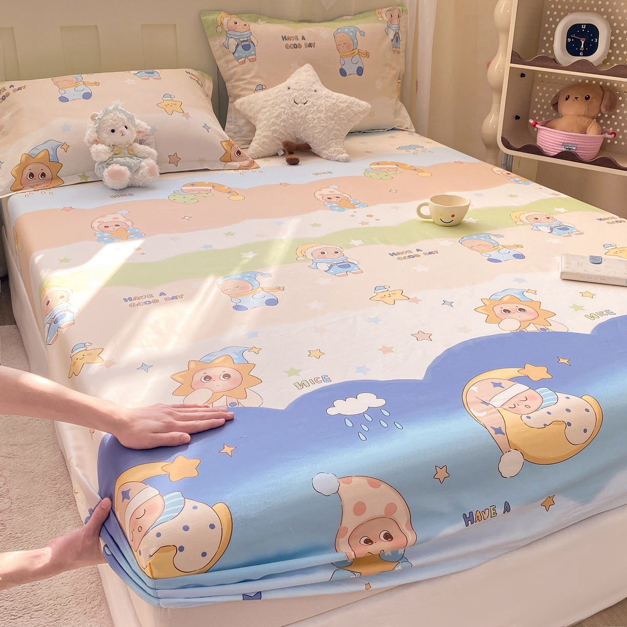 91家纺网 家纺一手货源 找家纺 花梦欣 2026新款全棉印花单品系列3简约卡通款-单床笠 星梦童话