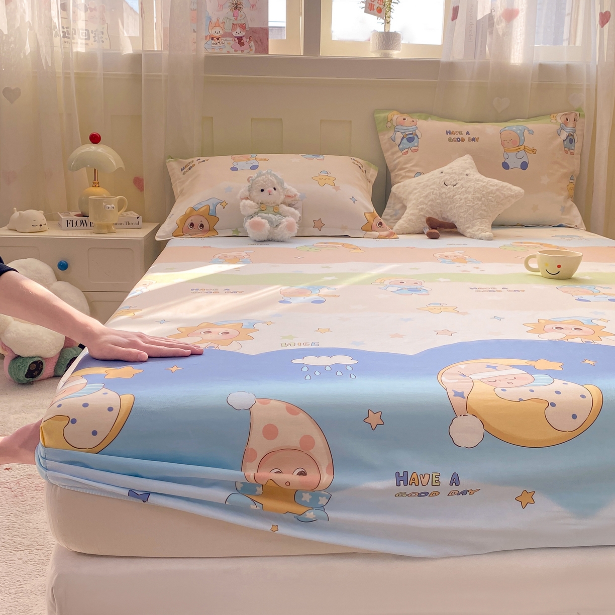 91家纺网 家纺一手货源 找家纺 花梦欣 2026新款全棉印花单品系列3简约卡通款-单床笠 星梦童话