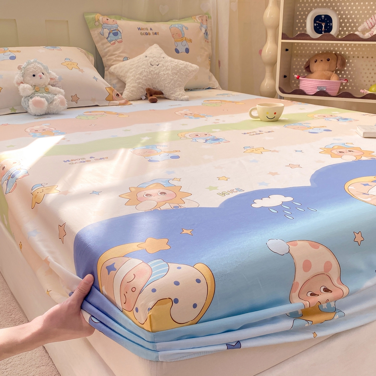 91家纺网 家纺一手货源 找家纺 花梦欣 2026新款全棉印花单品系列3简约卡通款-单床笠 星梦童话