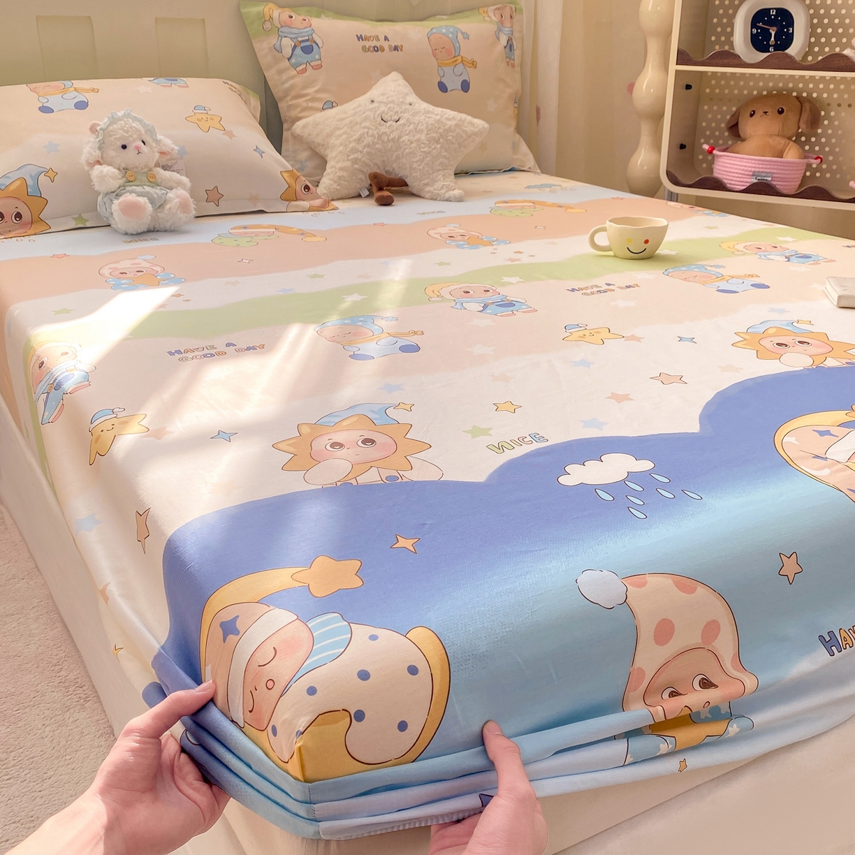 91家纺网 家纺一手货源 找家纺 花梦欣 2026新款全棉印花单品系列3简约卡通款-单床笠 星梦童话