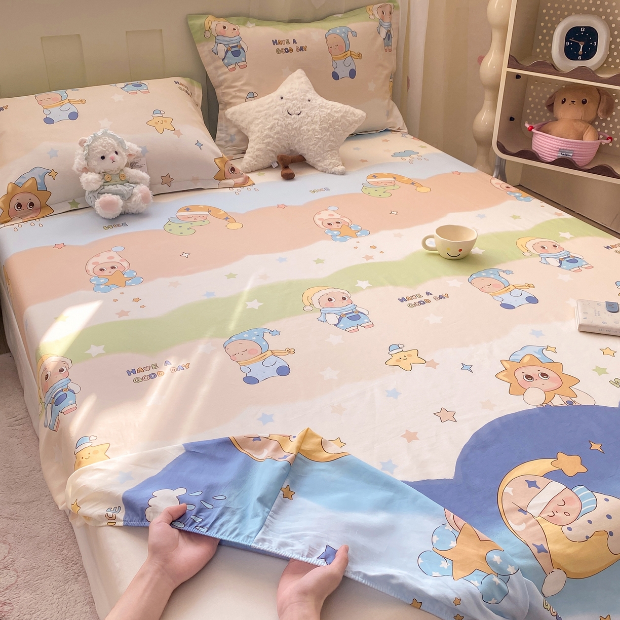 91家纺网 家纺一手货源 找家纺 花梦欣 2026新款全棉印花单品系列3简约卡通款-单床笠 星梦童话