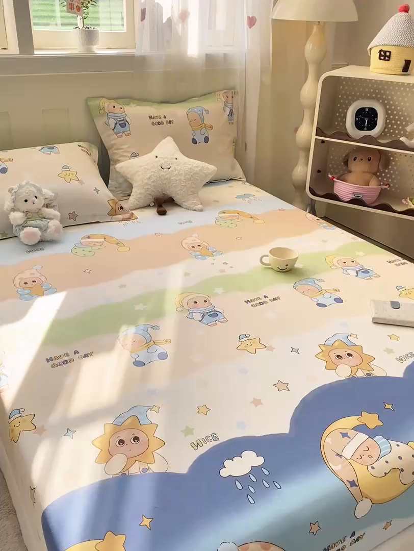 91家纺网 家纺一手货源 找家纺 花梦欣 2026新款全棉印花单品系列3简约卡通款-单床笠 星梦童话