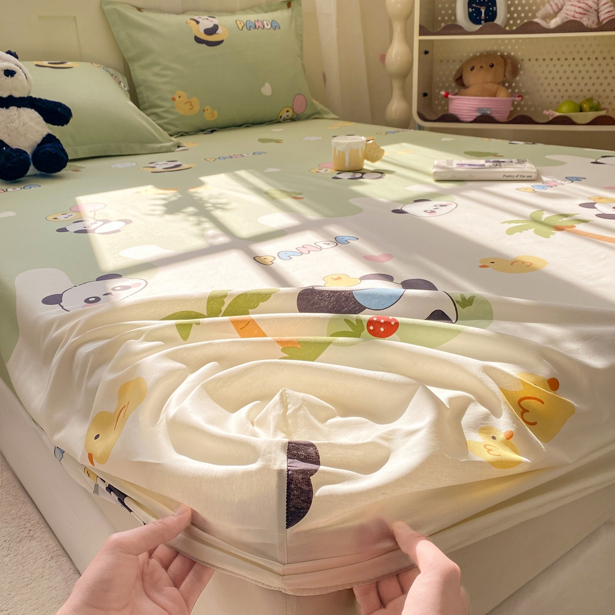 花梦欣 2026新款全棉印花单品系列3简约卡通款-单床笠 熊猫鸭鸭乐绿