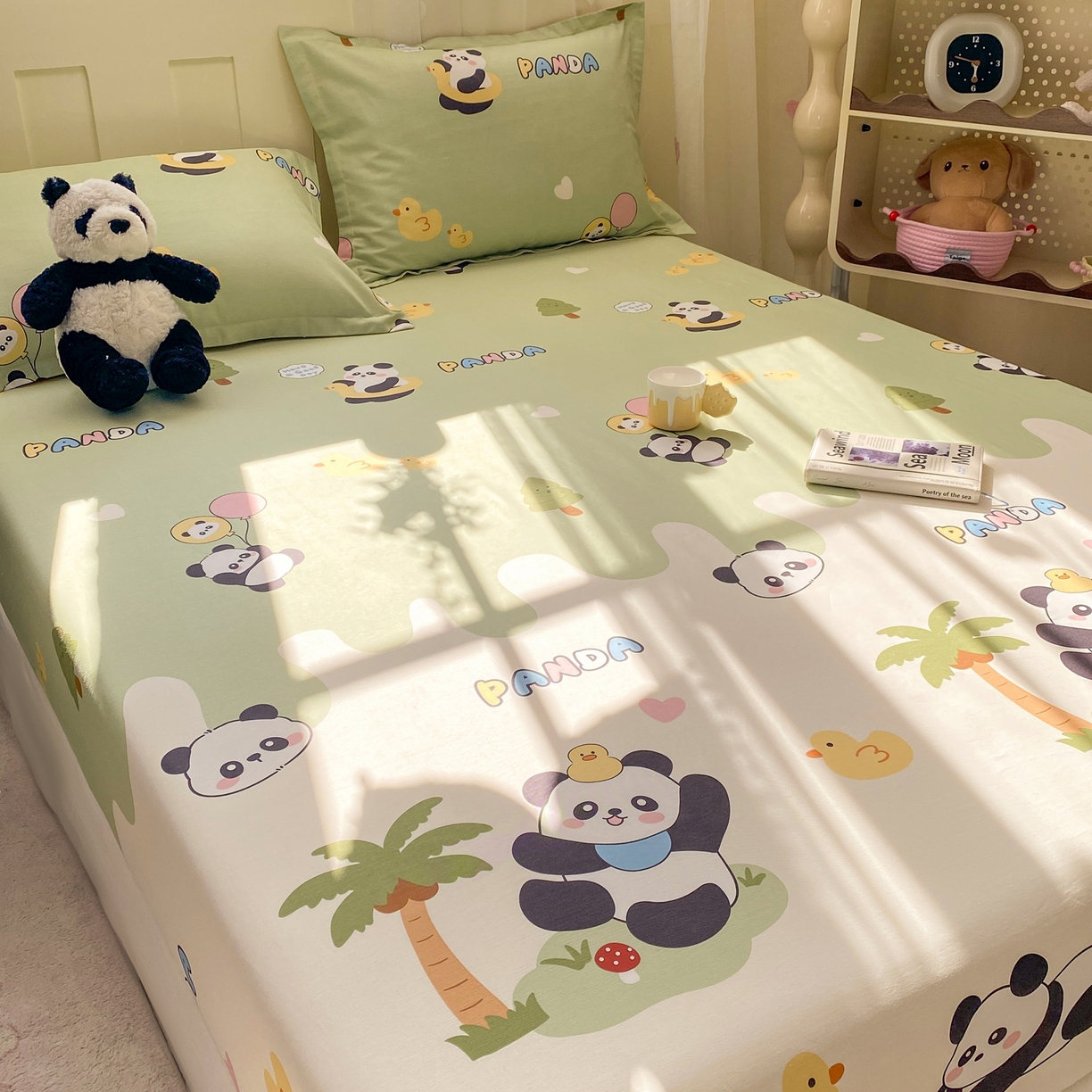 91家纺网 家纺一手货源 找家纺 花梦欣 2026新款全棉印花单品系列3简约卡通款-单床笠 熊猫鸭鸭乐绿