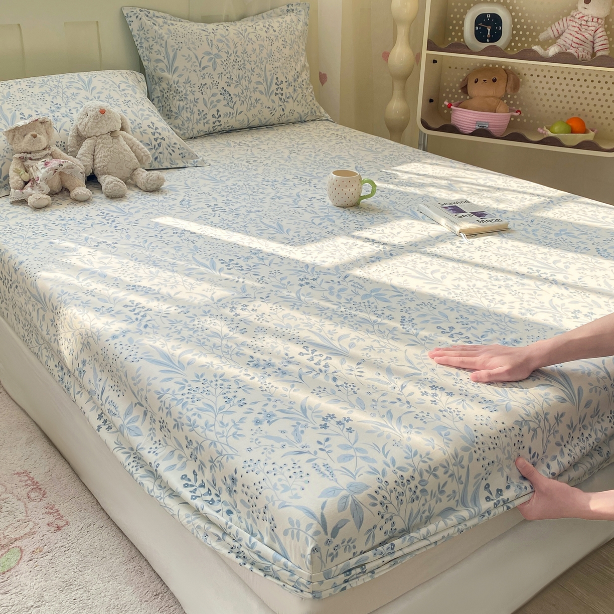 91家纺网 家纺一手货源 找家纺 花梦欣 2026新款全棉印花单品系列2花卉款-单床笠 蓝沫