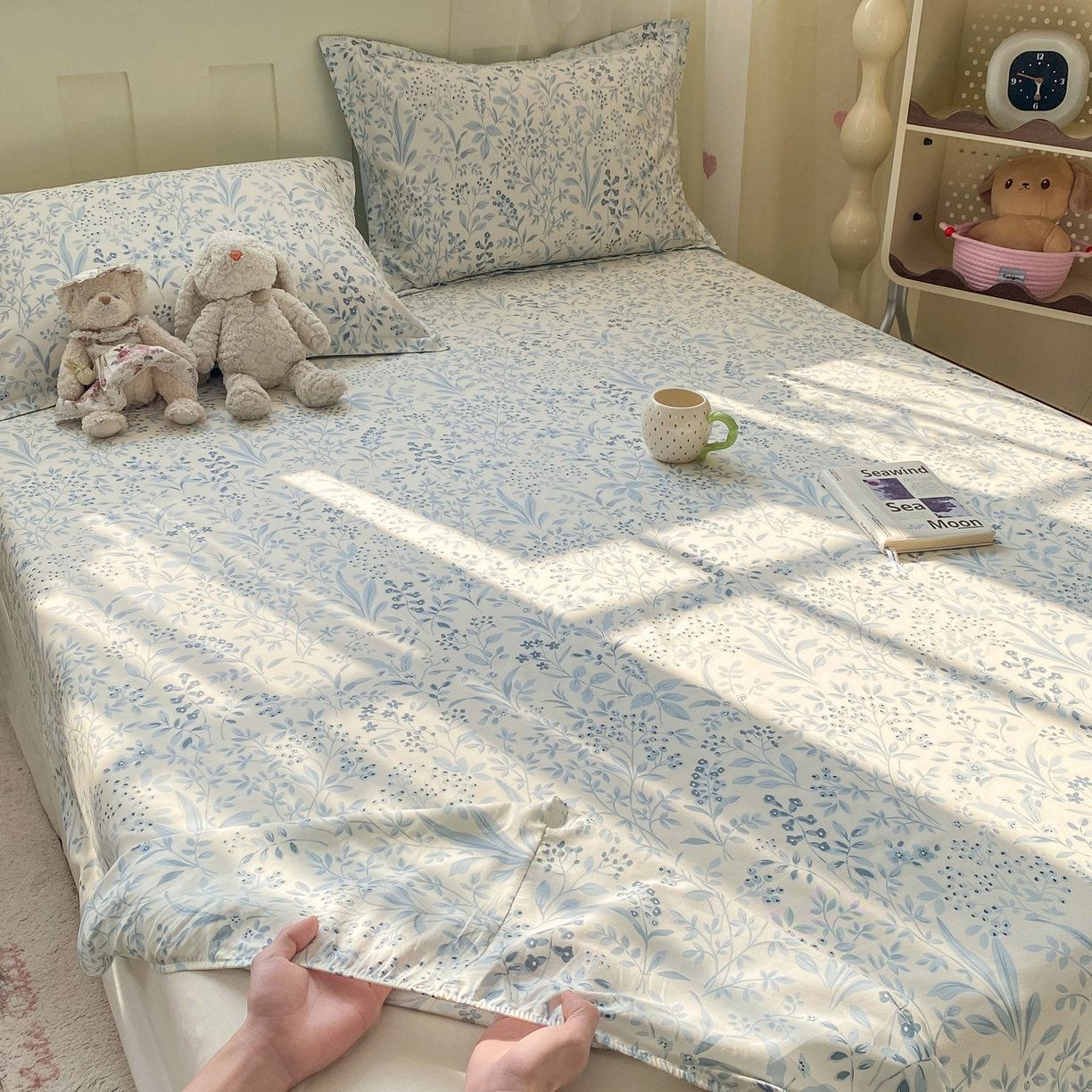 91家纺网 家纺一手货源 找家纺 花梦欣 2026新款全棉印花单品系列2花卉款-单床笠 蓝沫