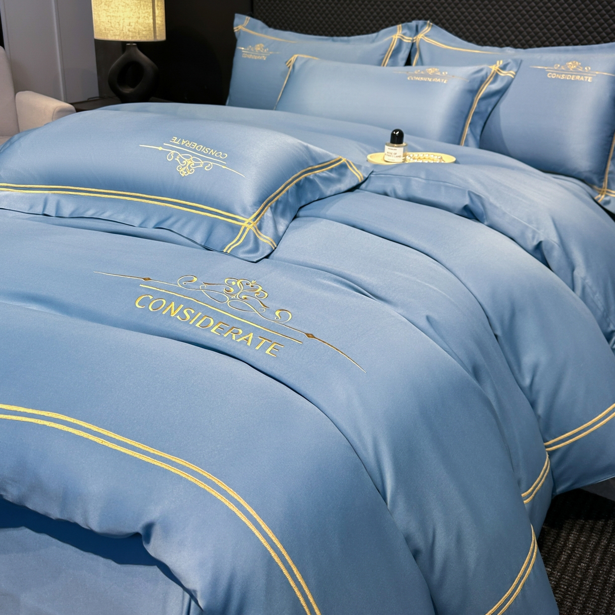 绒掌柜家纺（品质焕新） 2026新款水洗真丝天丝冰丝刺绣四件套-典雅系列 宾利蓝